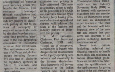 Seed Industry commercialize new traits for development of superior plant varieties to benefit farmers -Seed Industry- Jammu Bulletin – 25Aug,Pg 11